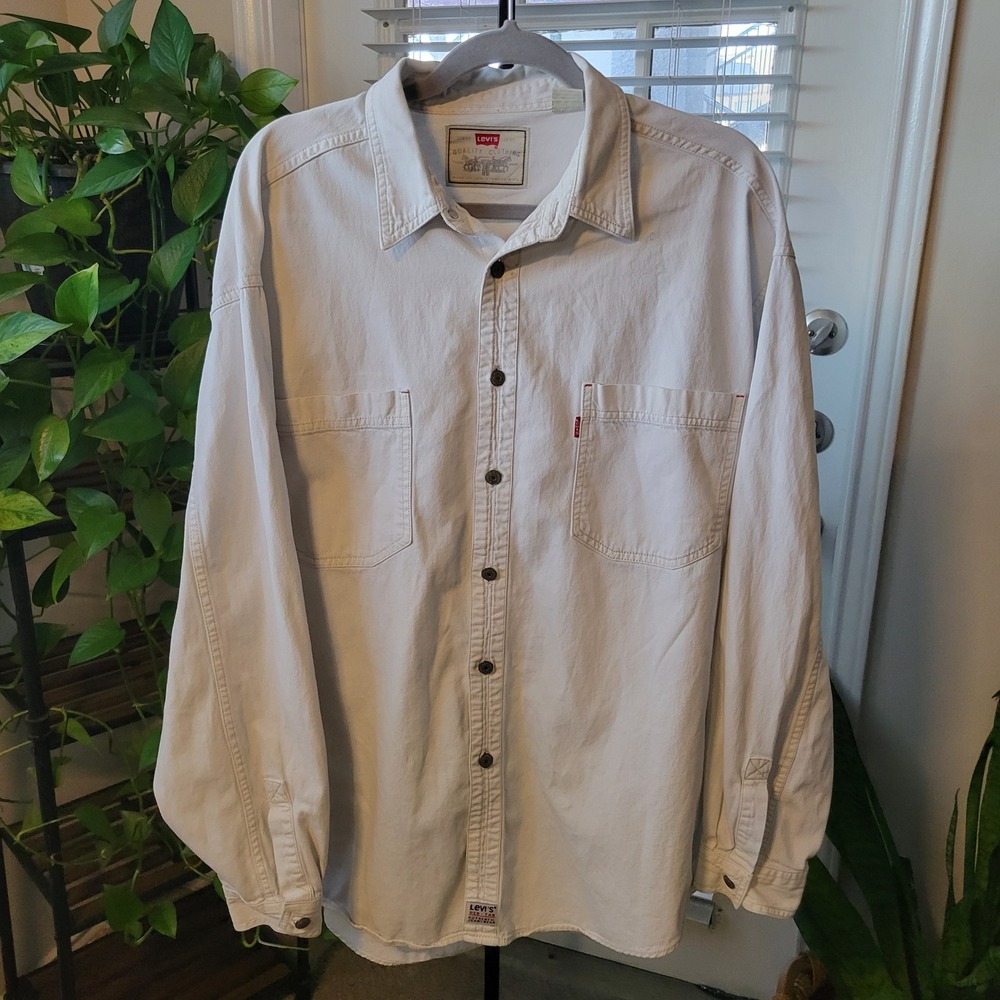 Vintage Levis Red Tab Mens XL Off White Twill Long Sleeve Button Down Shirt